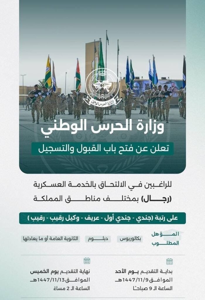 موعد التقديم على وظائف الحرس الوطني 1447