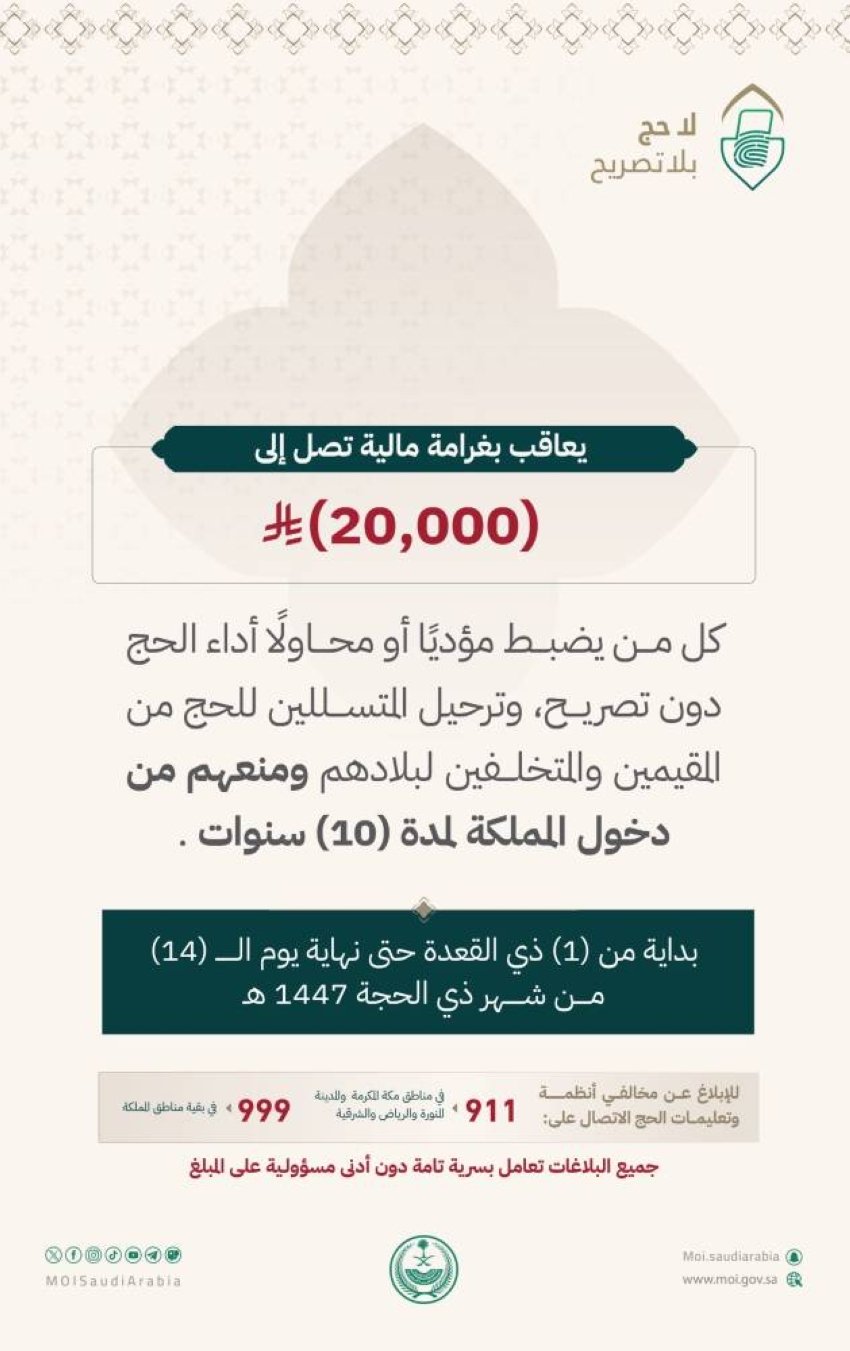 عقوبة الحج بدون تصريح للزائرين - غرامة الحج بدون تصريح